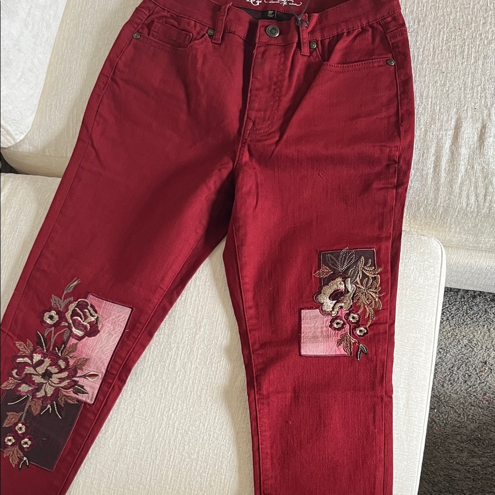 DG2 by Diane Gilman Red Floral Straight Leg Jeans